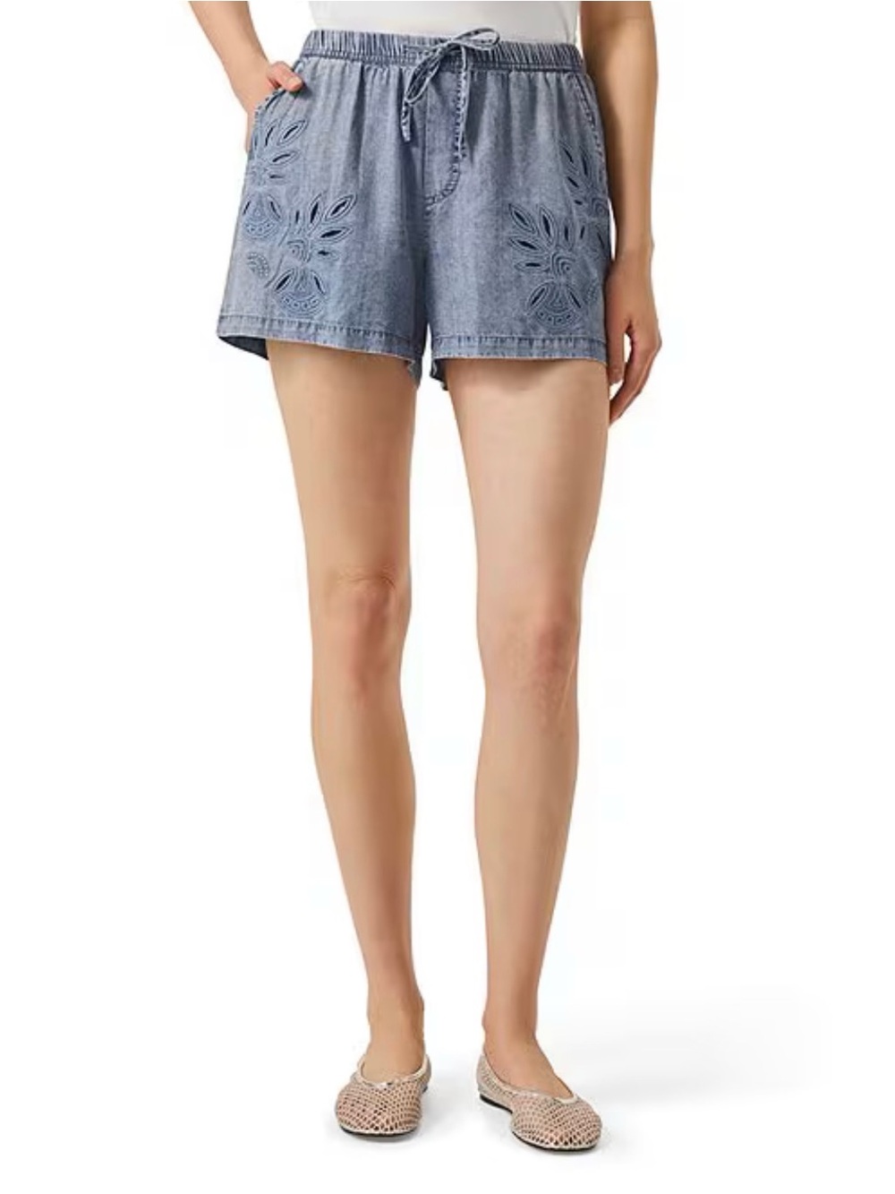 Splendid Light Blue Chambray Drawstring Shorts with Cutwork